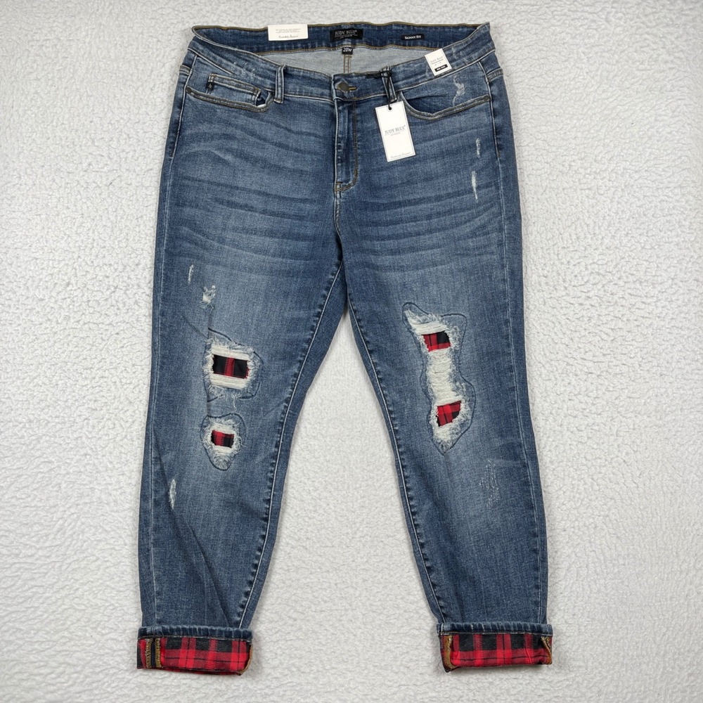 Judy Blue Jeans Womens 20W Blue Skinny Plaid Patch Distressed Holiday Festive